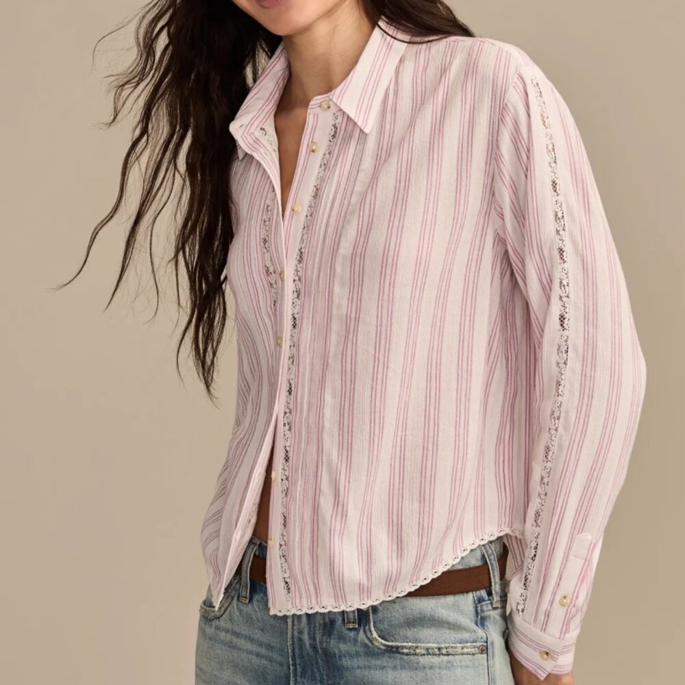 Lucky Brand Pink Stripe Lace Trim Button Down Shirt Womens Large NWT‎ F039/510